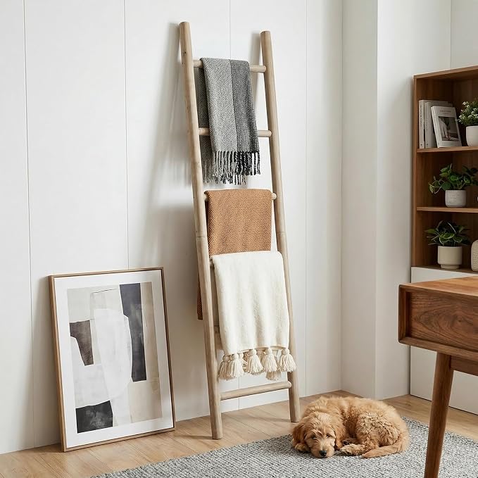 Wooden Blanket Ladder - 76in Natural Wood Color- Leaning Wall Decor for Bedroom, Bathroom, Living Room - Rustic Quilt Holder (Brown (Knock Down), 76in | Knock Down)