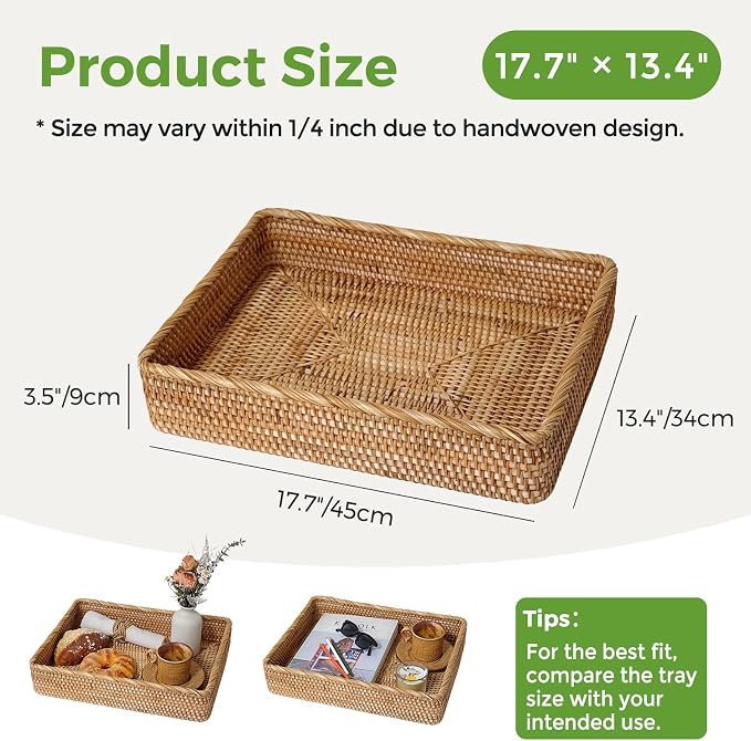 Wicker Storage Tray, Rattan Basket Rectangular for Bathroom Living Room, Decorative Serving Woven Trays Wicker Baskets for Organizing Home Decor XL(17.7" × 13.4")