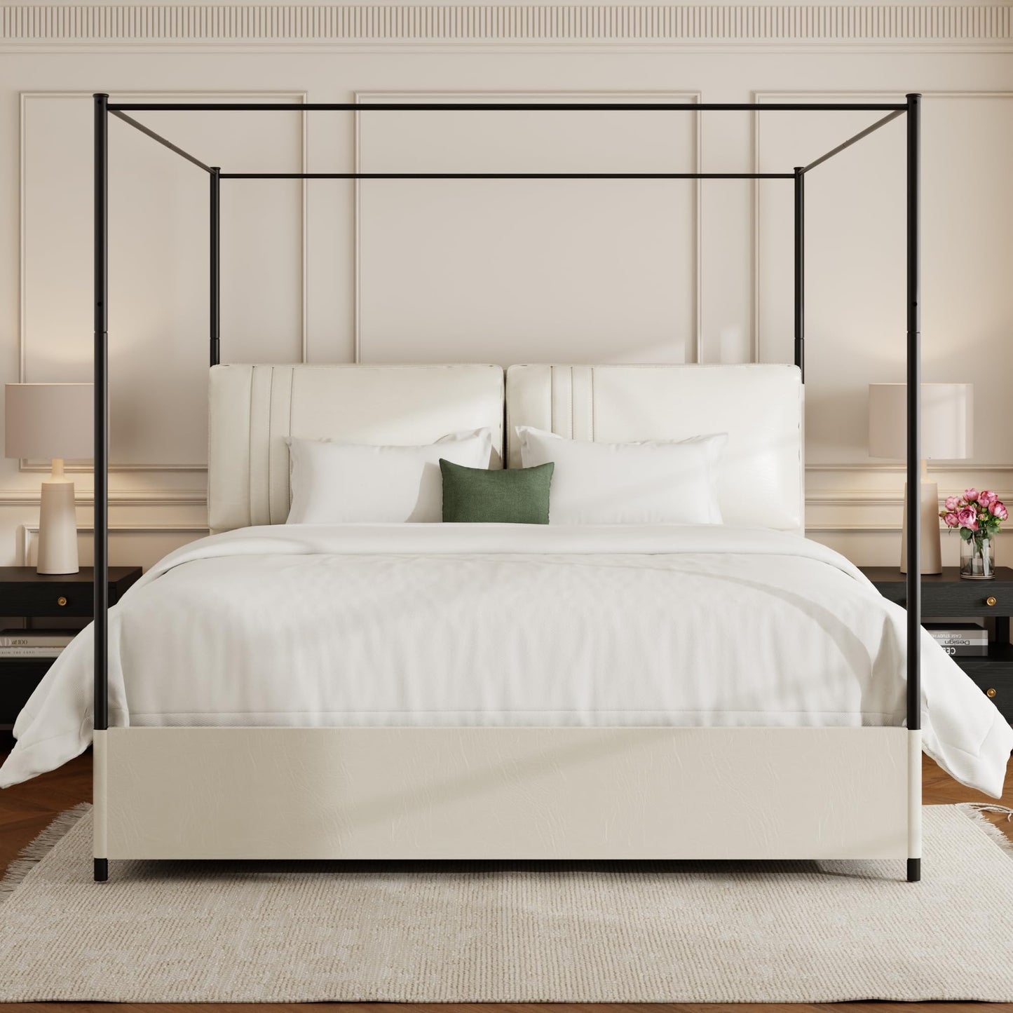 SAMTRA Modern Canopy Bed Frame with Upholstered Faux Leather Headboard – Tall Four Poster Metal Platform Bed, No Box Spring Needed, King Size, Rustic White