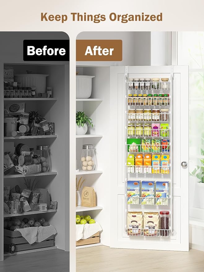 Delamu Over The Door Pantry Organizer, 8-Tier Pantry Door Organizers and Storage with Adjustable Basket, Metal Hanging Spice Rack, Seasoning Organizer, Door Organizer for Home Kitchen Bathroom, White