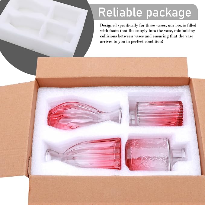 Mapoxy Glass Bud Vases Set of 4,Small Pink Flower Vases for Wedding Centerpiece Table Decorations,Clear Vintage Embossed Mini Vases,Flower Arrangements in Vases for Party or Home Decor