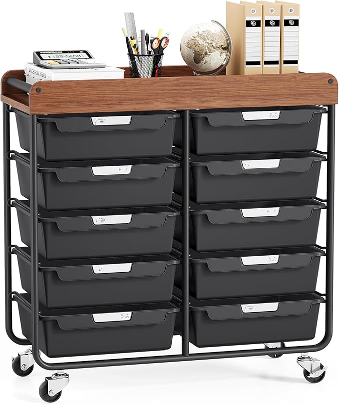 10 Drawers Rolling Cart with Wooden Tabletop, Utility Storage Cart with Wheels, Art Supply Craft Organizer on Wheel with Metal Frame & Handles for Home Office School,Black
