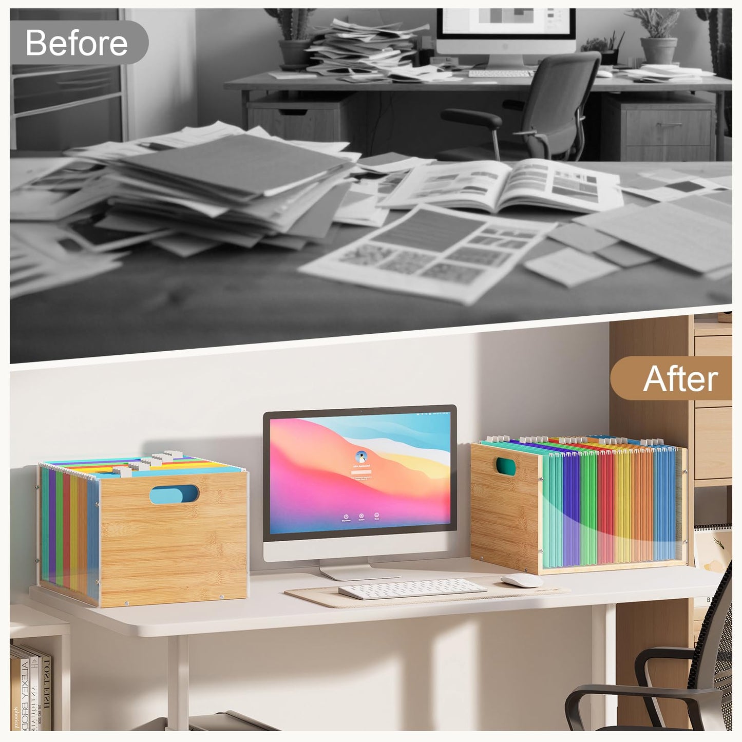 Sbanmao Clear Acrylic File Box Organizer, Bamboo Hanging Folder Storage Boxes, Filing Crate Bin Holder with Handle for Home Office Desk, Letter Size