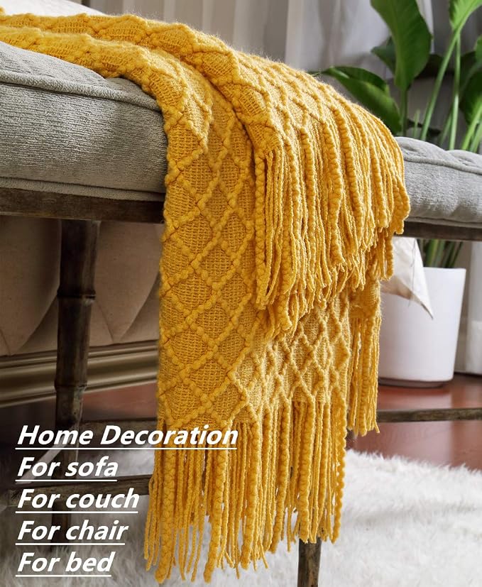 CREVENT Farmhouse Boho Knitted Throw Blanket for Couch Sofa Chair Bed Home Decoration, Soft Warm Cozy Light Weight for Spring Summer Fall (60''X80'' Mustard)