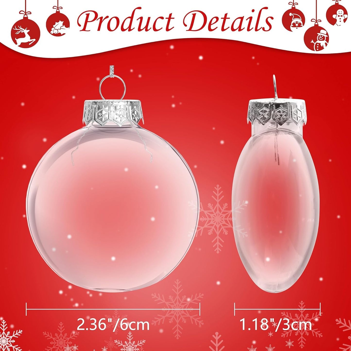 Auihiay 40 PCS Clear Christmas Balls, Fillable Christmas Ornaments, Flat Clear Plastic Ornaments for Christmas Tree Decorations, DIY Craft Projects and Home Wedding Decor (2.36inch/60mm)