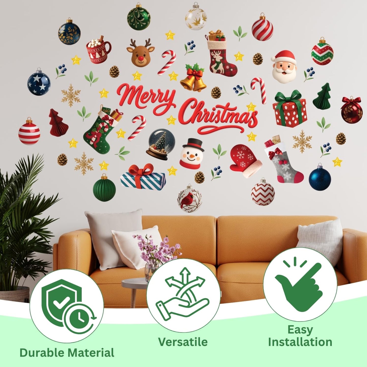 WALPLUS Christmas Decorations for Home Indoor Wall Stickers Wall Murals Decals Living Room Children Nursery Restaurant Cafe Hotel Home Decor Holly Jolly