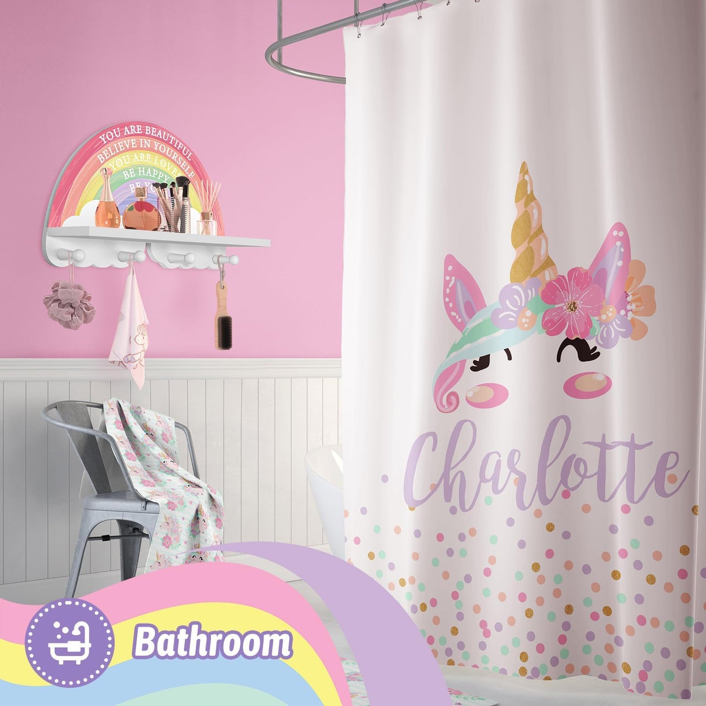 Garybank Rainbow Shelf Decor for Girls Room Wall, Wooden Rack with 4 Pegs Hooks - Wall Mount Coat Rack, Boho Rainbow Classroom Decor, Bedroom & Bathroom Decoration, Unicorn Girl Gifts for Christmas