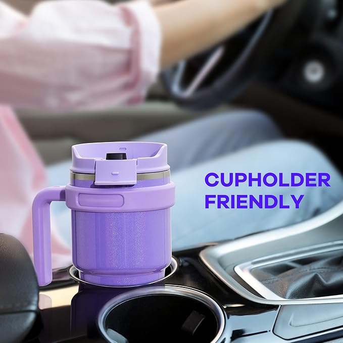 20 oz Insulated Coffee Mug Tumbler with Handle, Stainless Steel Travel Mug Tumbler with Lid and Straw, Double Wall Vacuum Leak Proof Ice Coffee Thermal Cup, Lavender Glitter