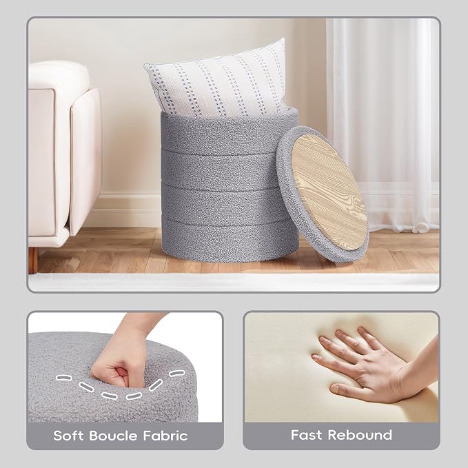 PINPLUS Round Storage Ottoman Foot Rest Stool with Tray Velvet Sherpa Folding Storage Ottoman,Boucle Foot Rest for Living Room, Bedroom, Dorm（Grey）