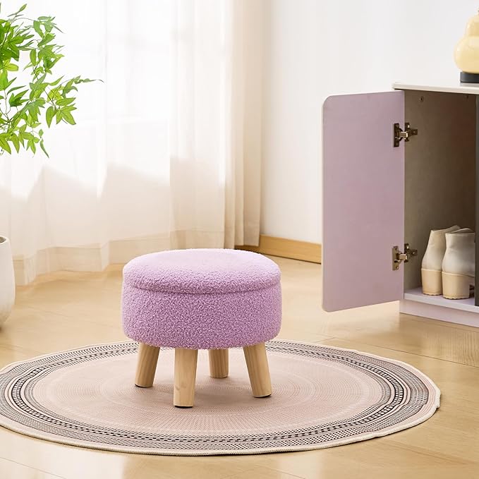 Wimarsbon Storage Ottoman, Modern Round Footrest with Soft Padded Seat, Teddy Velvet Footstool with Wood Legs, Accent Small Table or Plant Stand for Hallway, Living Room (Purple)