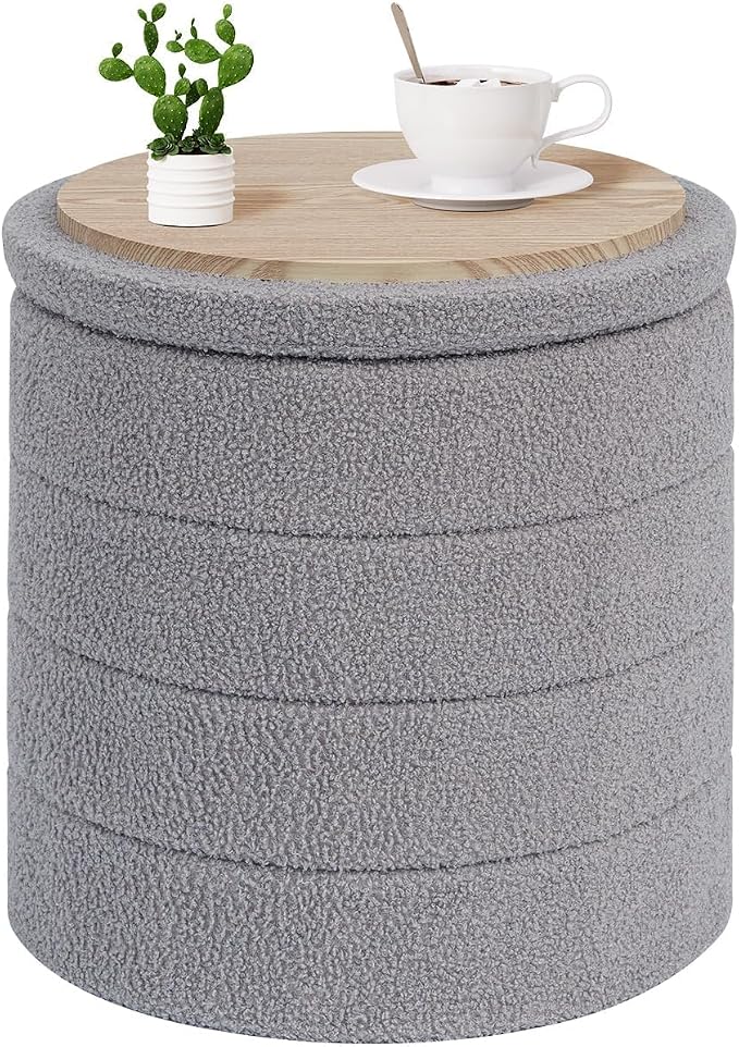 PINPLUS Round Storage Ottoman Foot Rest Stool with Tray Velvet Sherpa Folding Storage Ottoman,Boucle Foot Rest for Living Room, Bedroom, Dorm, Dorm,Grey Color