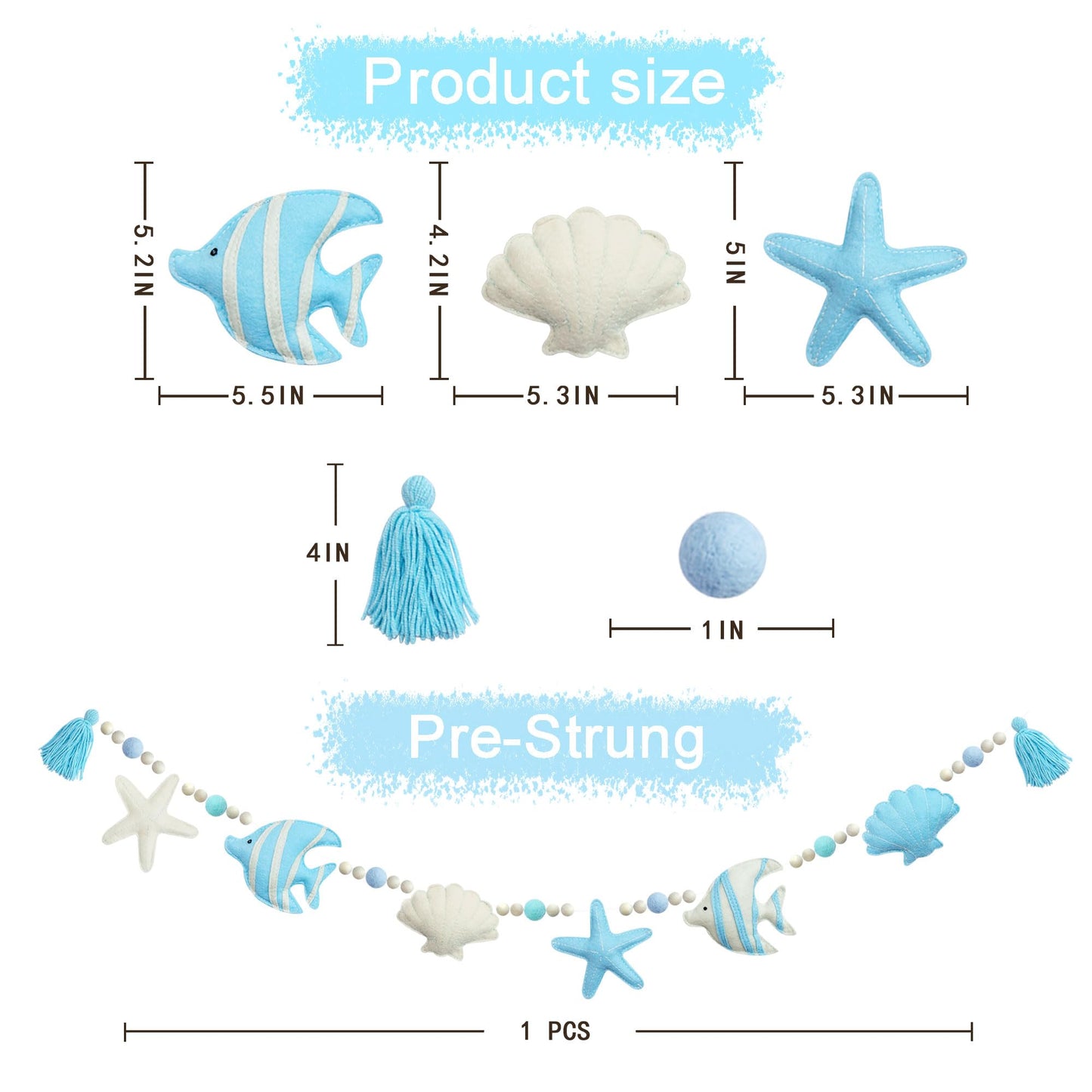 Under The Sea Decorations Pre-Strung Handmade Felt Blue Beige Ocean Fish Starfish Shell Banner Blue Aqua Wool Felt Ball Wooden Beads Tassel Garland for Ocean Beach Shell Mantle Fireplace Home Decor
