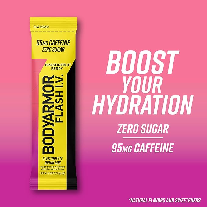 BODYARMOR Caffeinated Flash I.V. Electrolyte Packets - Dragonfruit Berry - Zero Sugar Energy Drink Mix, Single Serve Packs, Hydration for Pre Workout, Travel Essentials, Active Lifestyle (6 Count)