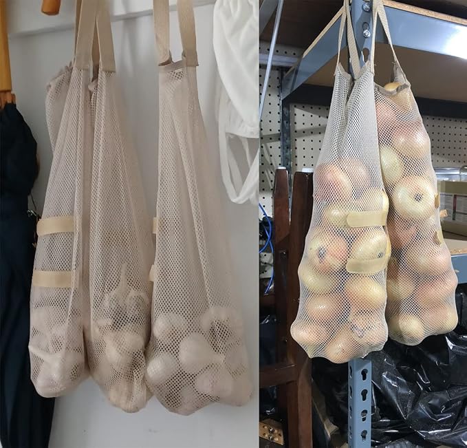 Ahyuan Hanging Mesh Storage Bags 5 Pack Onion Garlic Potatoes Net Mesh Bag Long and Large Reusable Net Produce Bags for Fruit Veggies Garbage Bag for Home RV Camper