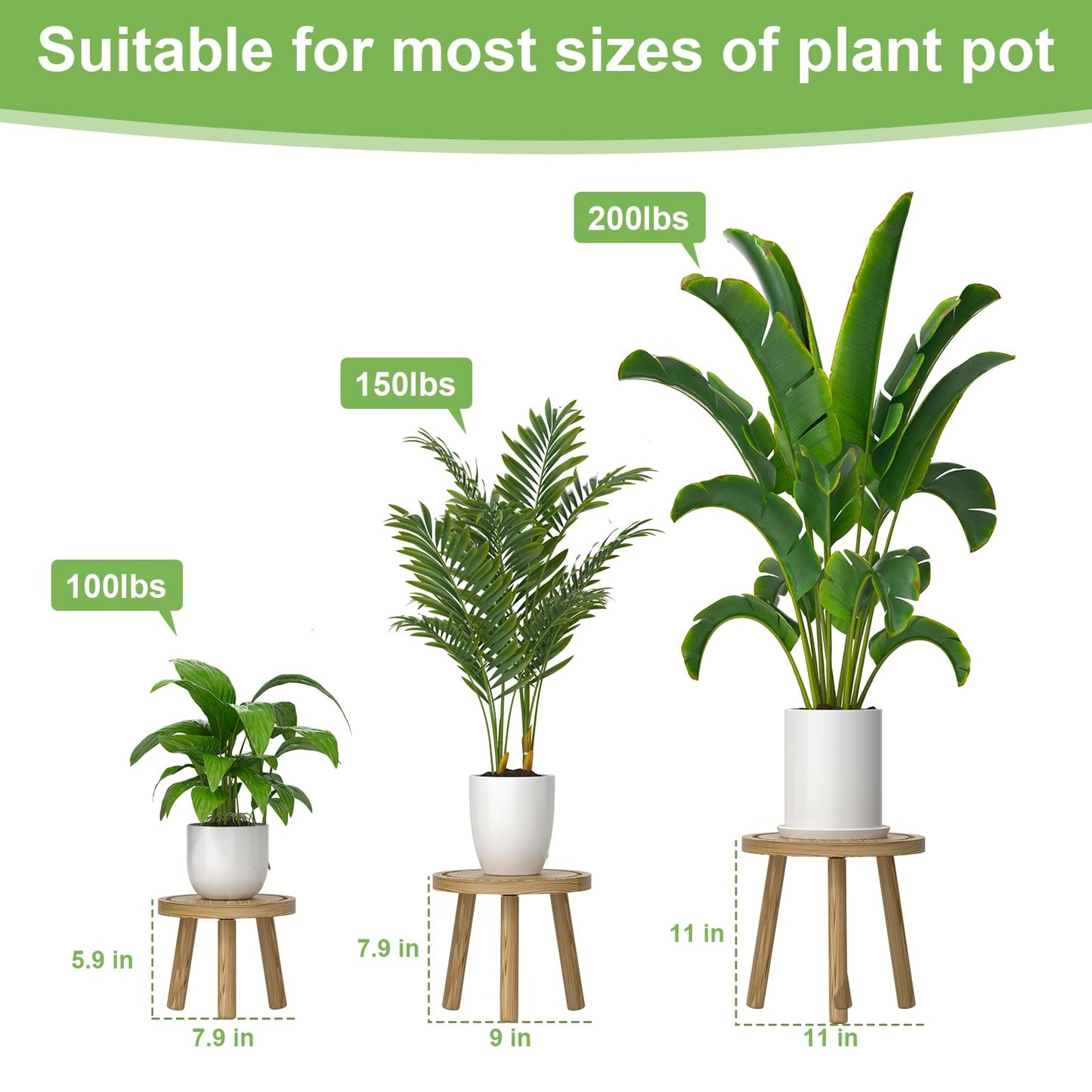 Vecxoty 3-Pack Wood Plant Stands Indoor, Single Plant Stand for 6-12 Inch Pots, Mid-Century Modern Plant Stool, Tall Plant Stand for Large Plants for Living Room, Balcony, Office (Light Brown