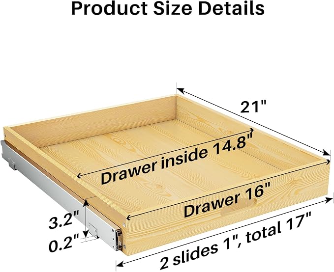 Pull Out Cabinet Organizer, Soft Close Wooden Slide Out Drawers for Pots and Pans, Full-extension Roll Out Shelves for Kitchen Cabinets, Pantry Organization, Bottom & Side Mount(17"W X 21"D x 3.4''H)