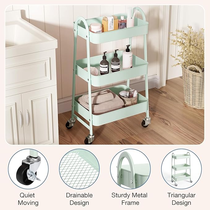 OLIXIS Metal 3 Tiers Utility Rolling Cart with Lockable Caster Wheels, Mobile Storage Shelf, Organization for Livingroom, Bathroom & Narrow Places, Pale Green
