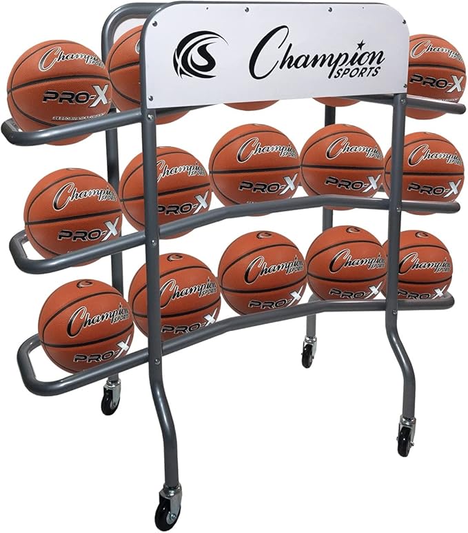 Champion Sports Deluxe Heavy Duty Basketball Storage Cart with Locking Swivel Caster Wheels (Black)