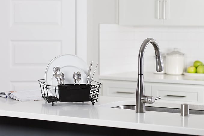 Better Houseware in-Sink Dish Drying Rack, Coated Steel, Black, 14.5 x 13 x 5 Inch, 2-Piece Set with Removable Utensil Caddy and Non-Slip Handles
