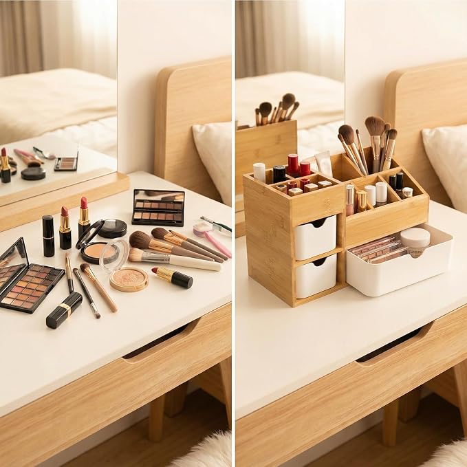 Bamboo Makeup Organizer with 3 Drawers, Dresser Cosmetic Organizer Box,Bamboo Desk Organizer for Home with Adjustable Dividers（11.5x5.4in）