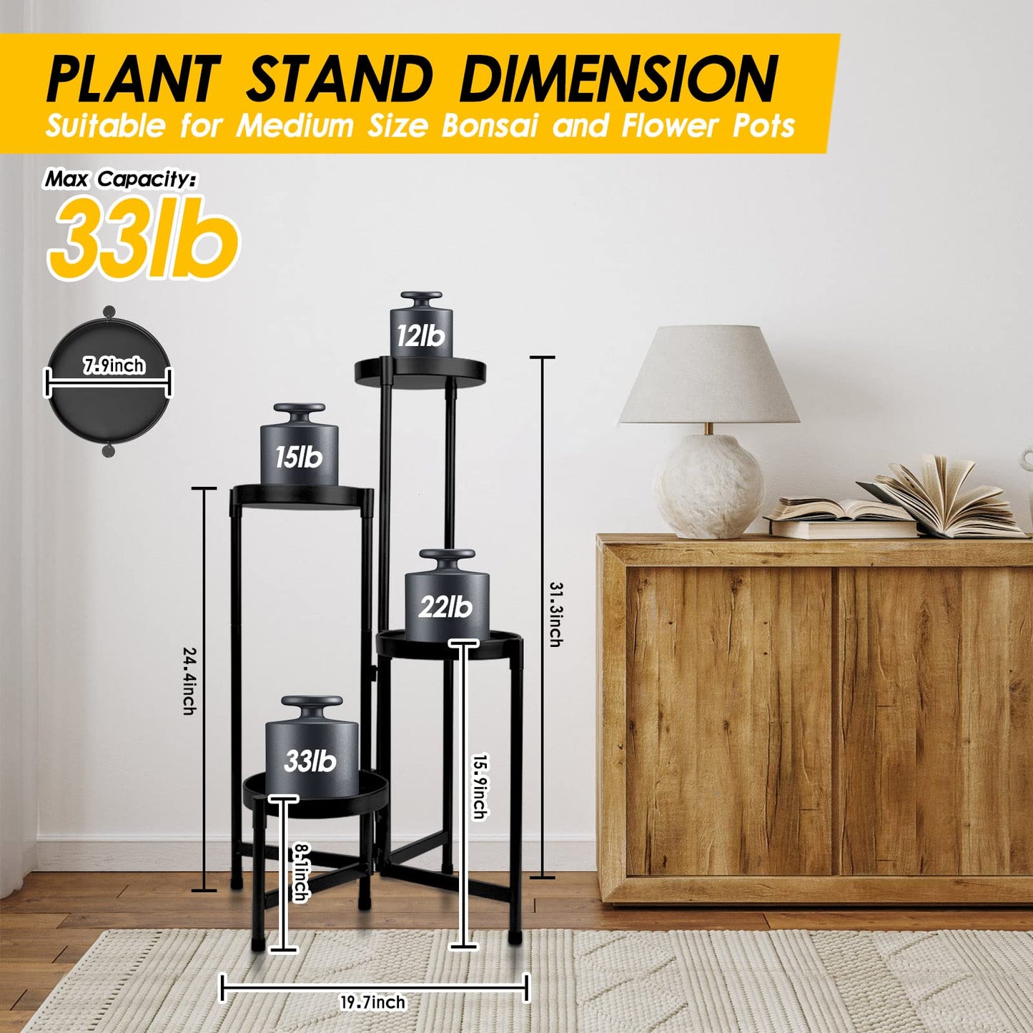 HOEGMST 4 Tier Plant Stand Indoor Outdoor, 31 Inch Tall Metal Plant Shelf Waterproof, Plant Holder with Folding Design For Home, Living Room, Black
