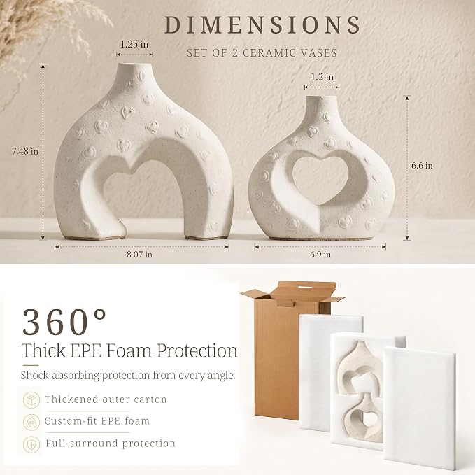 Ceramic Heart Flower Vase Home Decor Set of 2, Farmhouse Table Vases Rustic Vintage Living Room Kitchen Bedroom Decorations for House Book Shelf Office Coffee Desk Dining Fireplace