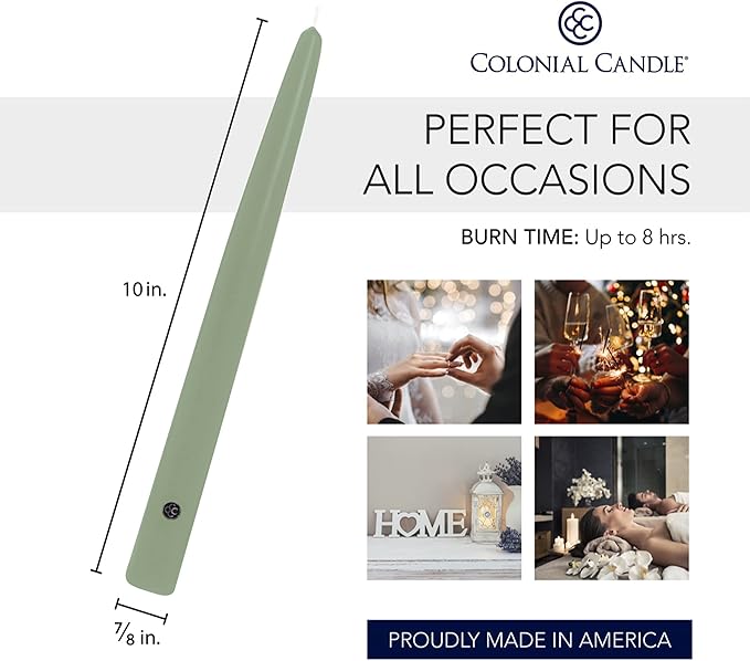 Colonial Candle Unscented Taper Candle, Handipt Collection, Colonial Classic Green, 10 in, Pack of 12 - Up to 8 Hours Burn