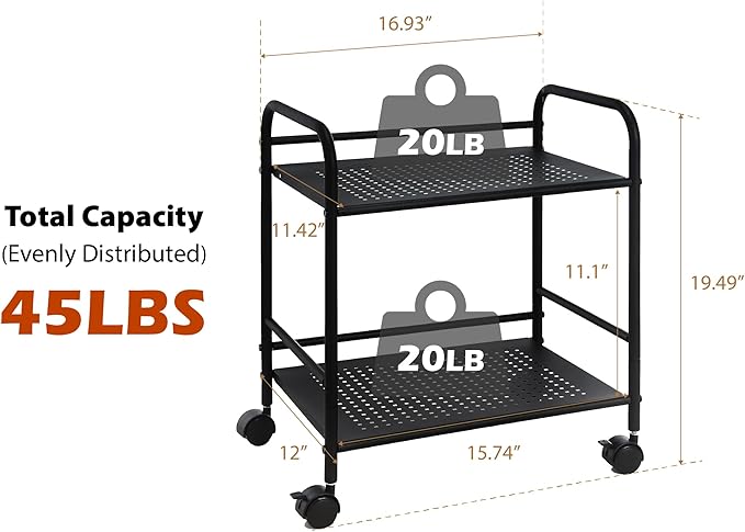 SunnyPoint 2-Tier Metal Rolling Utility Cart – Mobile Storage Shelf with Caster Wheels – Small Space Organizer for Home, Office, Bedroom, Kitchen (BLK) (Pack of 2)