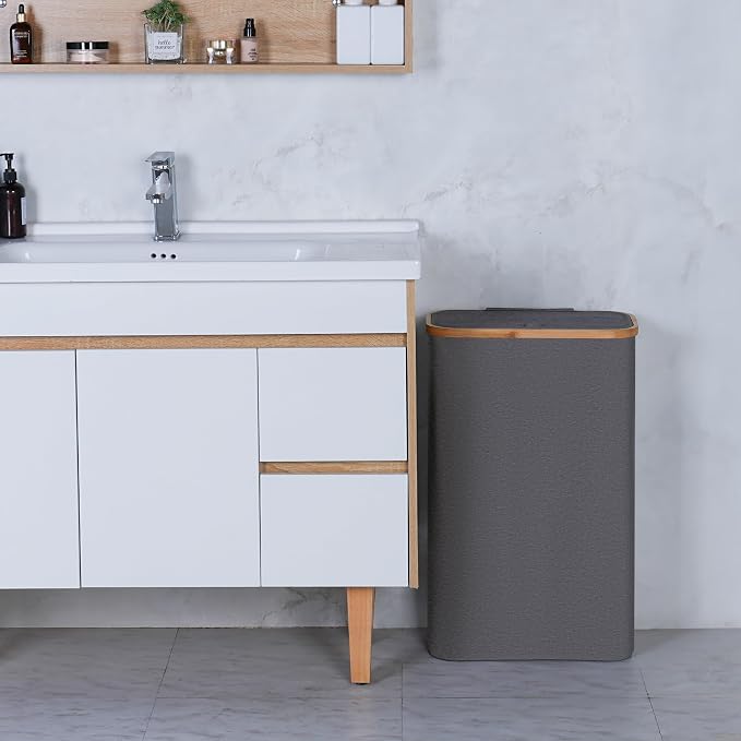 Slim Laundry Basket,60L Laundry Hamper with Lid, Tall Hamper for Laundry,Dirty Cloth Hamper with Bamboo Handle for Towels, Clothes Organizing,Grey