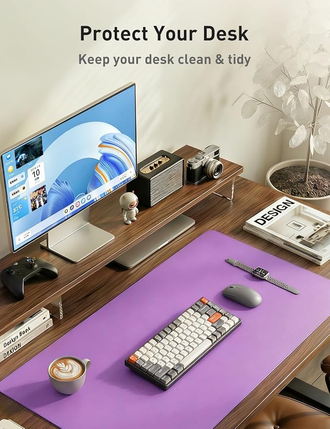 Aothia Faux Leather Desk Mat - Non-Slip PU Leather Desk Blotter, Waterproof Writing Surface, Large Desk Pad for Office & Home (Iris Violet, 55" x 17")