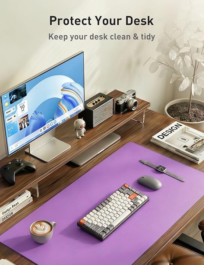 Aothia Faux Leather Desk Mat - Non-Slip PU Leather Desk Blotter, Waterproof Writing Surface, Large Desk Pad for Office & Home (Iris Violet, 55" x 24")