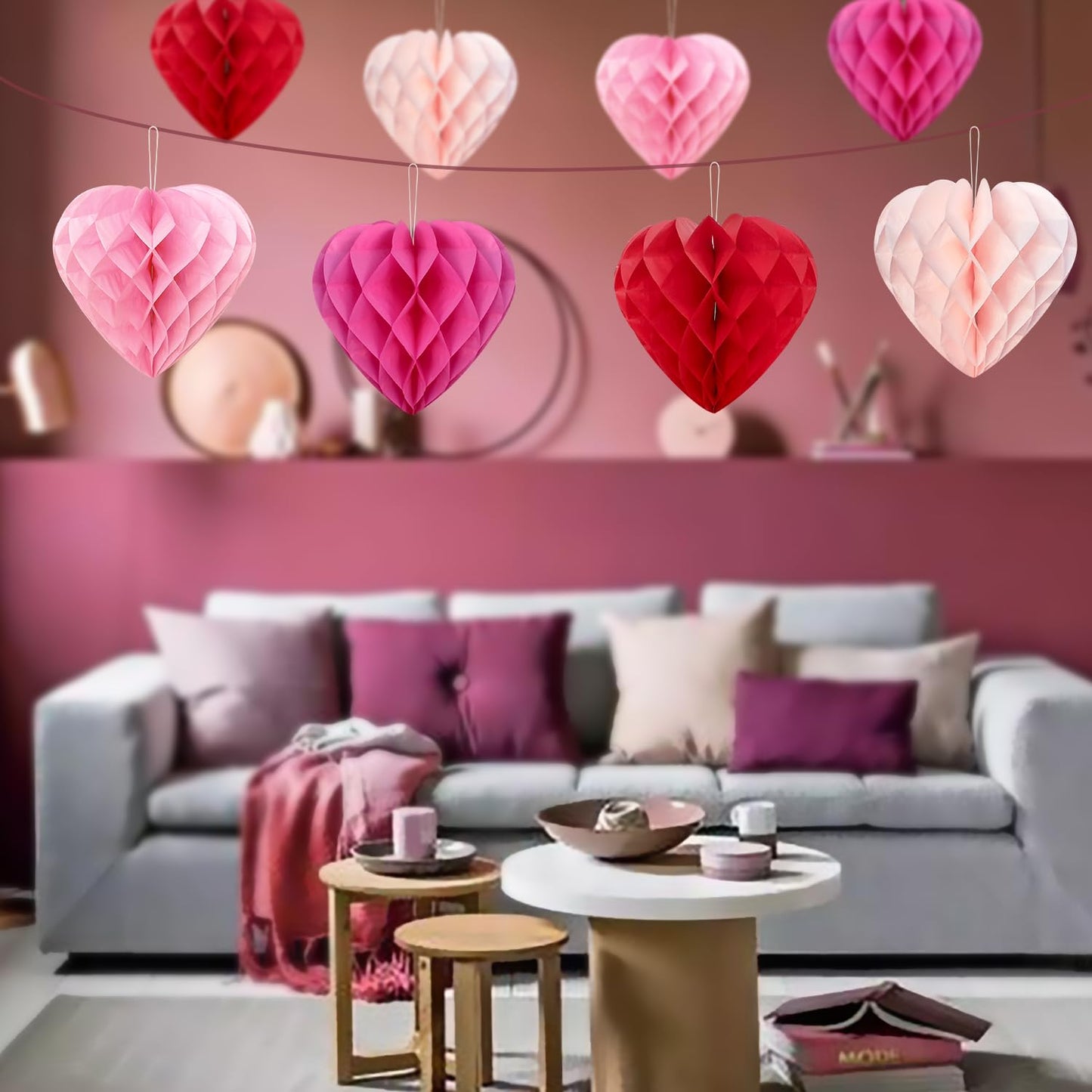 PheiLa 12pcs Heart Shaped Honeycomb Balls - Paper Party Decorations - Valentine's Day, Wedding, Birthday - Red, Rose Pink, Pale Peach