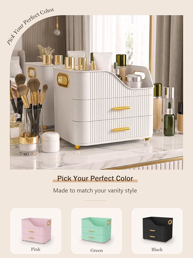 Booklov Countertop Makeup Organizer with Drawers, 3 Tier Large Cosmetic Storage Box for Vanity, Bathroom Counter, Dresser, Skincare Display Case for Lipsticks, Beauty Palettes, Teen Girl Gifts, White