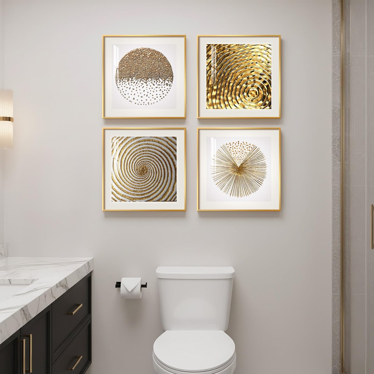 Framed Gold Modern Wall Art Prints, Set of 4 Piece Abstract Geometric White and Gold Wall Decor, Minimalist Contemporary Glam Square Wall Art for Dining Room Bedroom Office, 12x12 Inch