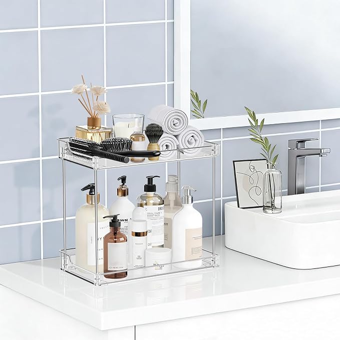 2 Tier Bathroom Counter Organizer, Clear Bathroom Counter Shelf for Vanity Countertop, Kitchen, Sink Storage, Tiered Skincare Organizer for Makeup, Perfume, Beauty Supplies (Rectangular)