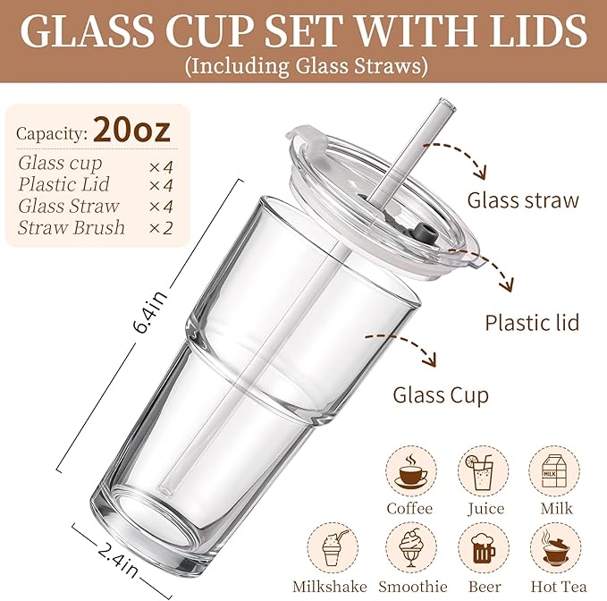Iced Coffee Cups with Lids: Coffee Bar Accessories - Tumbler Leak Proof for To Go Iced Coffee Cups with Lids 4 Pack - 20 oz Glass Cups with Lids and Straws - Thickened Glass Tumbler with Straw and Lid