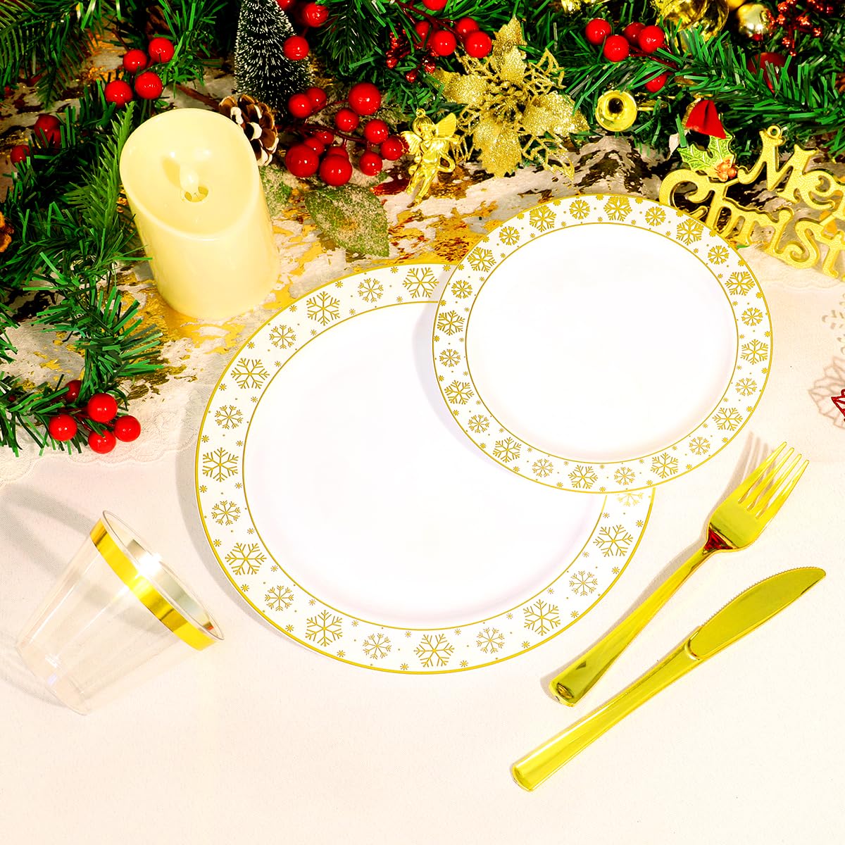 175 Pcs Christmas Plastic Plates Dinnerware Set Disposable Winter Snowflake Plates Include Plate,Gold Cups,Pre Pre Rolled Napkins with Gold Plastic Silverware for Holiday Winter Party (25 Guests)