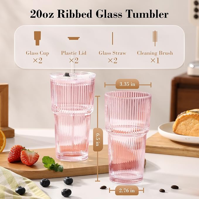 GOSCHE 20oz Iced Coffee Cups with Lids, Glass Cups with Lids and Straws, Thickened Glass Tumbler Set Ideal for Latte, Juices, Cocktails and Beverage, Pink, 2 Pack