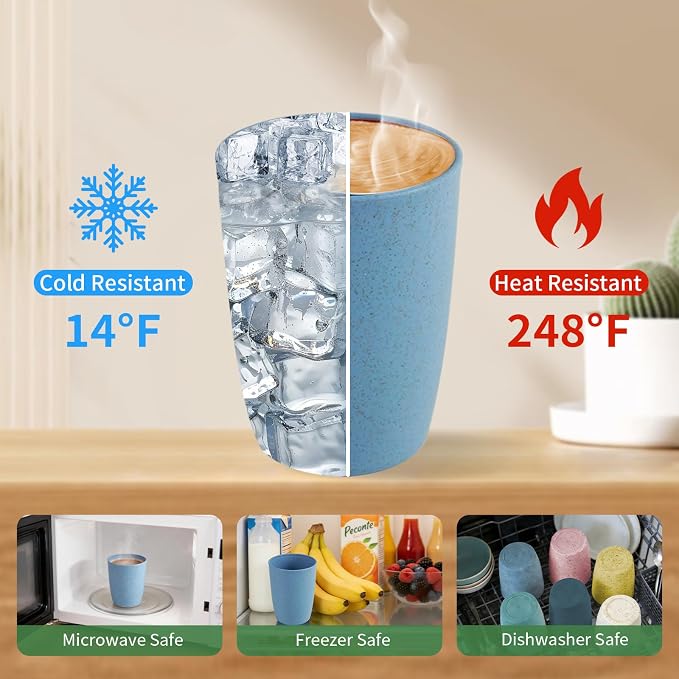 Wheat Straw Cups, Plastic Cups Reusable, Unbreakable Drinking Glasses with BPA-Free, Kids Plastic Cups, Dishwasher Safe, Eco-Friendly Cups for Party Office Outdoor Home, 6 Pack(12OZ, Multi)