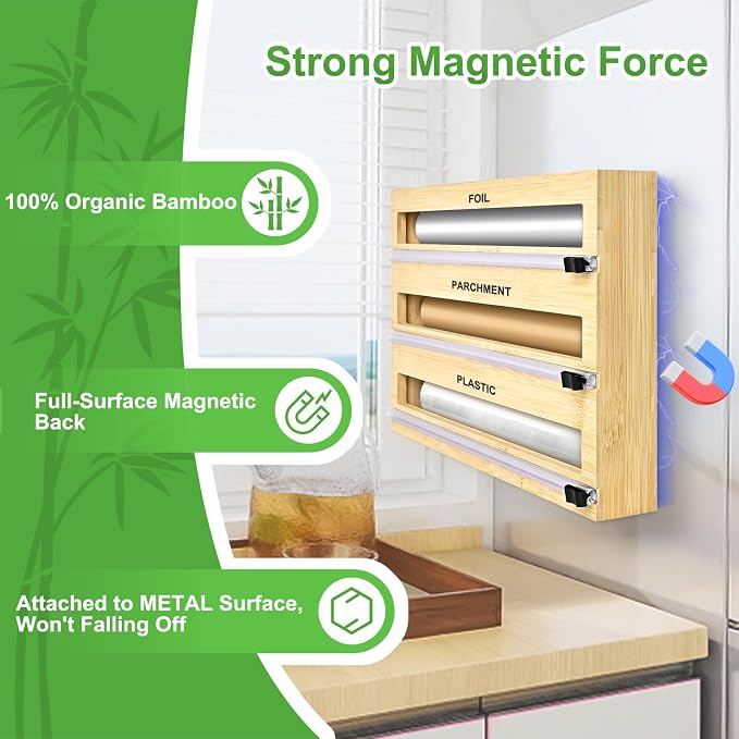 MSJGA Magnetic Plastic Wrap Dispenser with Cutter, 3 in 1 Refrigerator Bamboo Organizer for Tin Foil, Baking Paper, Wax Paper Holder Kitchen Storage Box Compatible