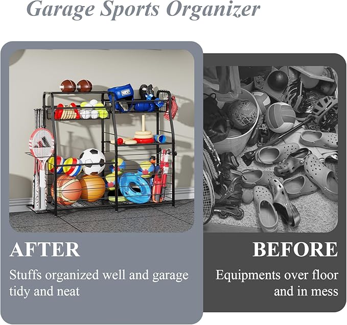 Garage Sports Equipment Organizer - Ball Storage Rack with Elastic Rope or Wire Mesh,Garage Organizer System with Wheels,Indoor/Outdoor Sports Rack for Sports Gear and Toys Storage,Black