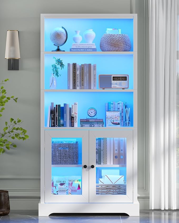 TVU 5-Tier Bookshelf, 65" Bookshelf with Multi-Color Ambient Lights (APP Remote Control), Tall Vertical Display Shelf with Cabinet Doors, Suitable for Living Room, Bedroom, Study, Office, White