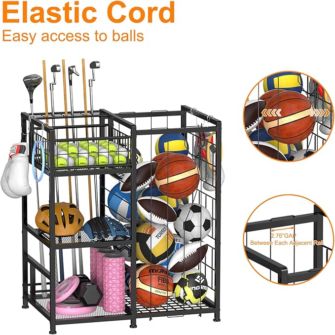 HEOMU Sports Equipment Organizer with Elastic Cords and 4 Hooks, Metal Garage Ball Organizer for Indoor Outdoor, Ball Storage Rack with Basket for Sports Gear and Toys, Black