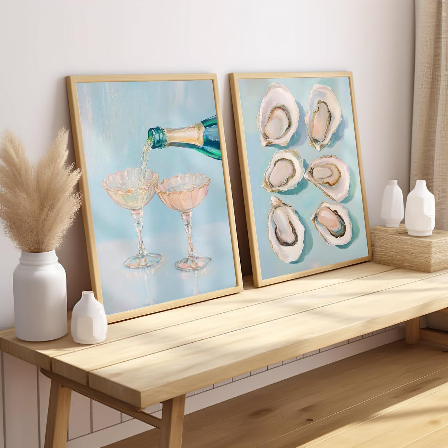2Pcs Oyster Shell Wall Art Funky Bar Cart Cocktail Wall Decor Pictures Pastel Blue Wine Champagne Posters Print Girly Coastal Aesthetic Beach House Apartments Decoration Unframed 16x24in