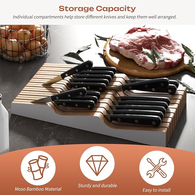 In-Drawer Knife Block Organizer - Bamboo Wood Drawer Knife Organizer-Protecting Knife Organizer Block (Not Included) (White, 19 Knives Dock)