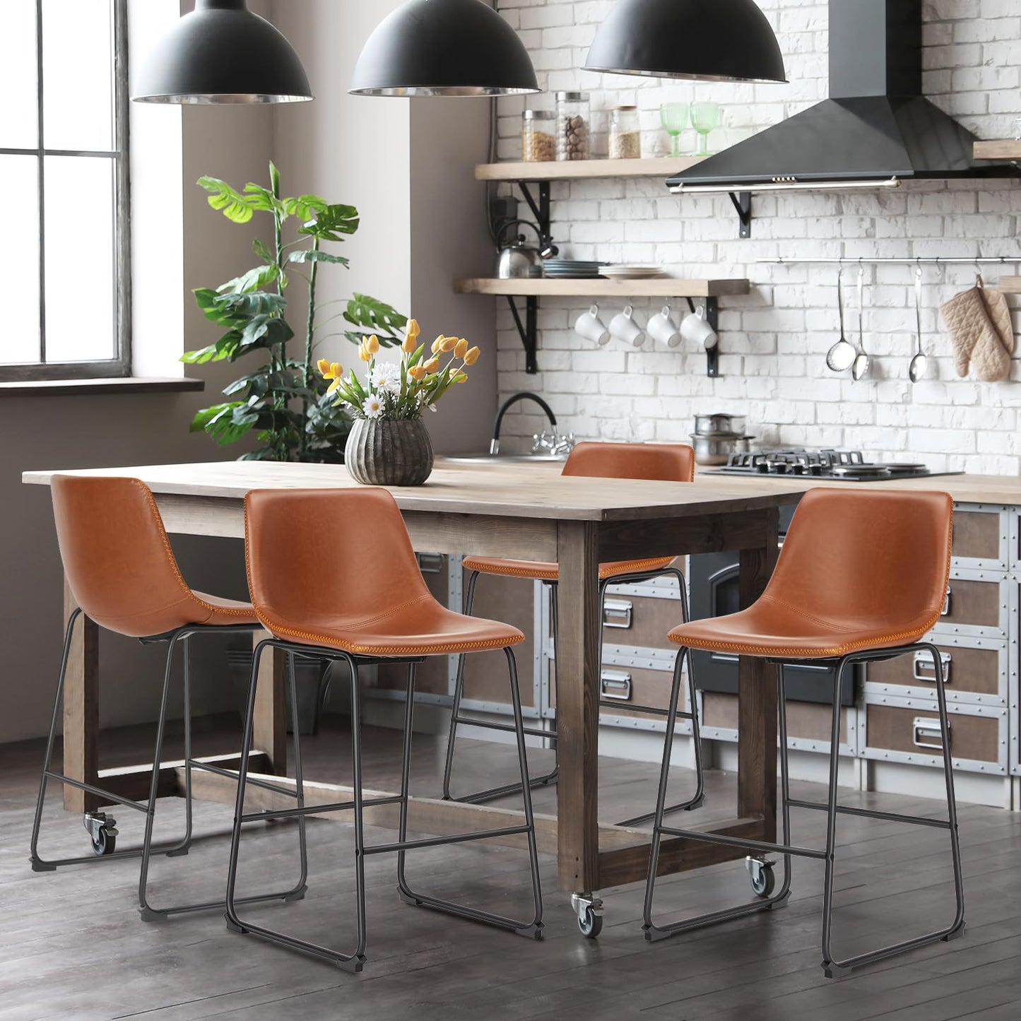DUMOS 26 Inch Counter Height Bar Stools Set of 4, Modern Faux Leather High Barstools with Back and Metal Leg, Bar Chairs for Kitchen Island, Brown