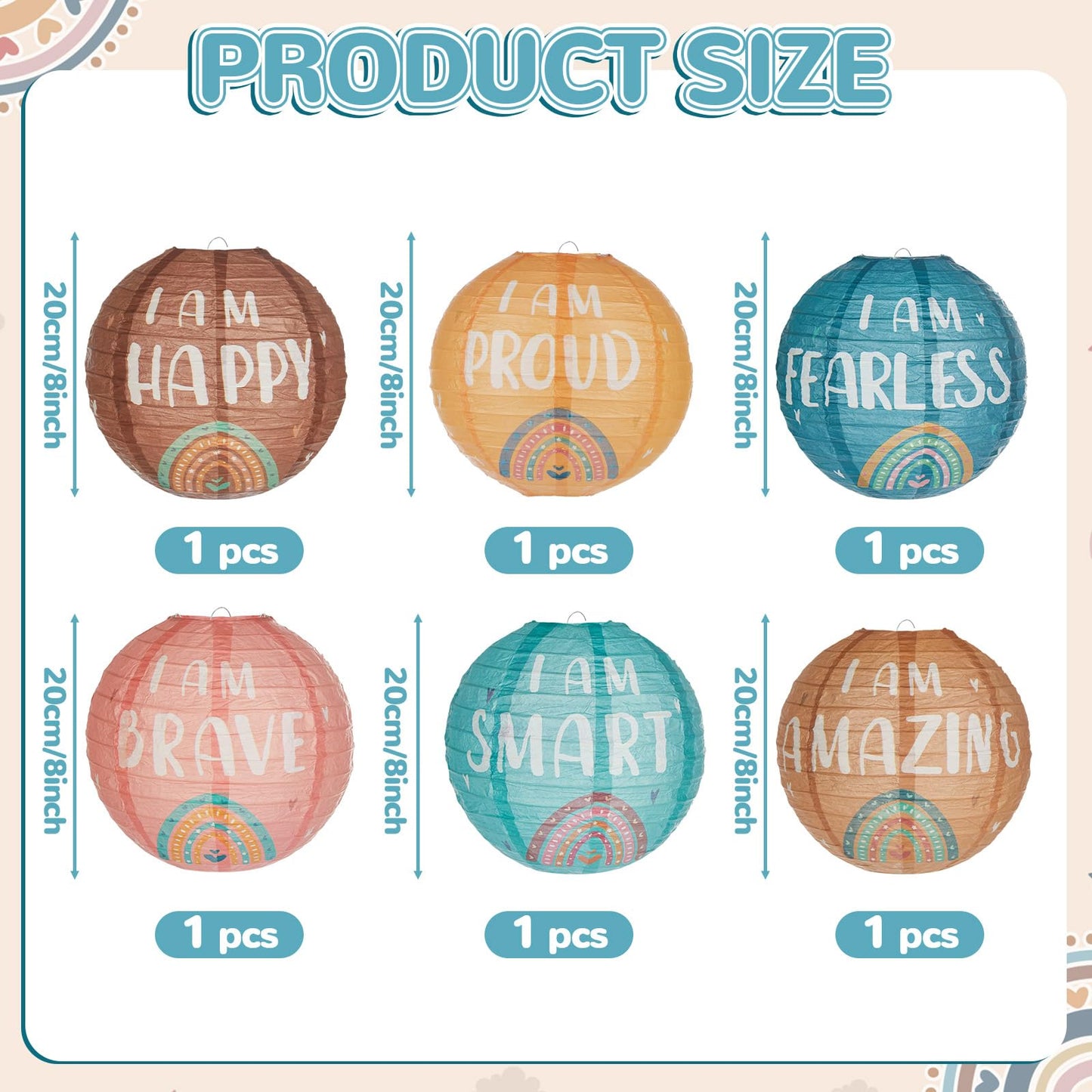 6PCS 8Inch Boho Hanging Paper Lanterns Classroom Decoration Retro Inspirational Paper Lanterns Boho Ceiling Hanging Decor for Wedding Birthday Baby Shower Girl Birthday Party School Classroom Decors