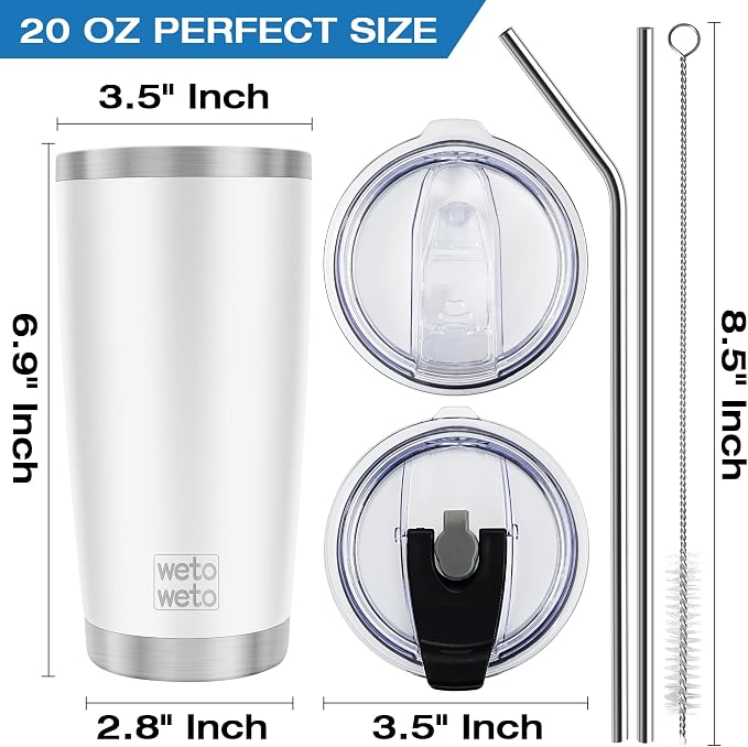 WETOWETO 20oz Tumbler with 2 lids and 2 straws, Stainless Steel Vacuum Insulated Water Coffee Tumbler Cup, Double Wall Powder Coated Spill-Proof Travel Mug Thermal Cup (White, 1 Pack)
