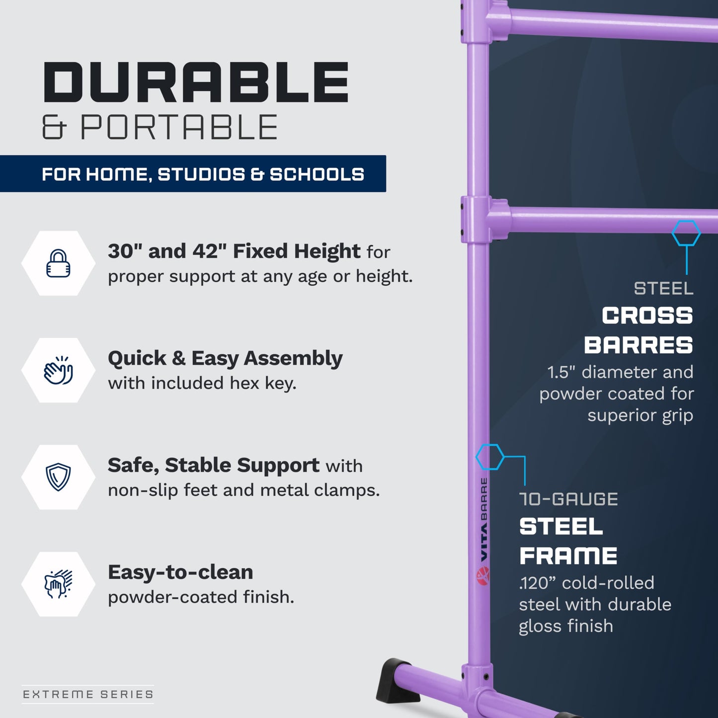 VITA Barre Portable Freestanding Double Ballet Barre, Extreme, 16 Ft Bars, Purple, Steel | Fixed Height, Made in USA, Home or Gym Exercise Equipment for Kids & Adults | Dance, Fitness, Pilates