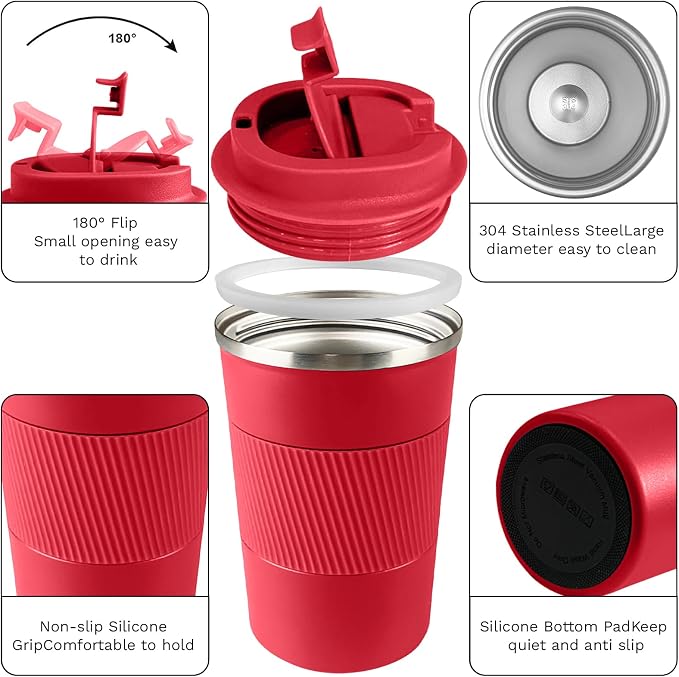 YINBAOGE Insulated Travel Coffee Mug, Spill & Leak Proof, Portable To Go Camping Stainless Steel Coffee Tumbler, Reusable Thermal Coffee Cup with Lid for Hot & Cold Drinks (Red, 17 OZ)